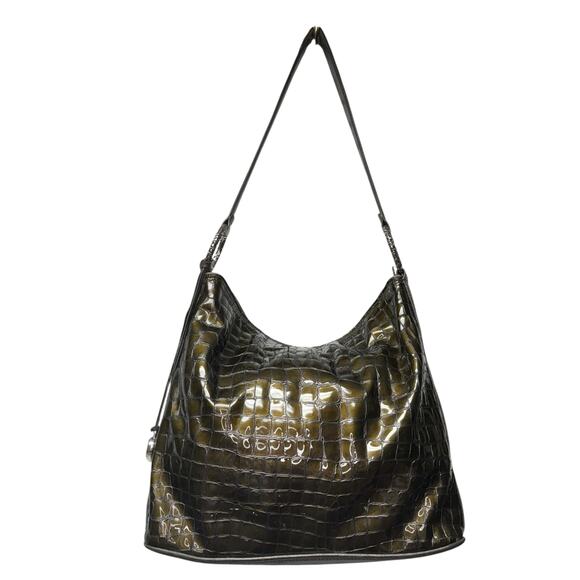 Brighton Cher Hobo Shoulder Bag Patent Leather Croc Embossed Olive Green Bronze - Picture 4 of 9